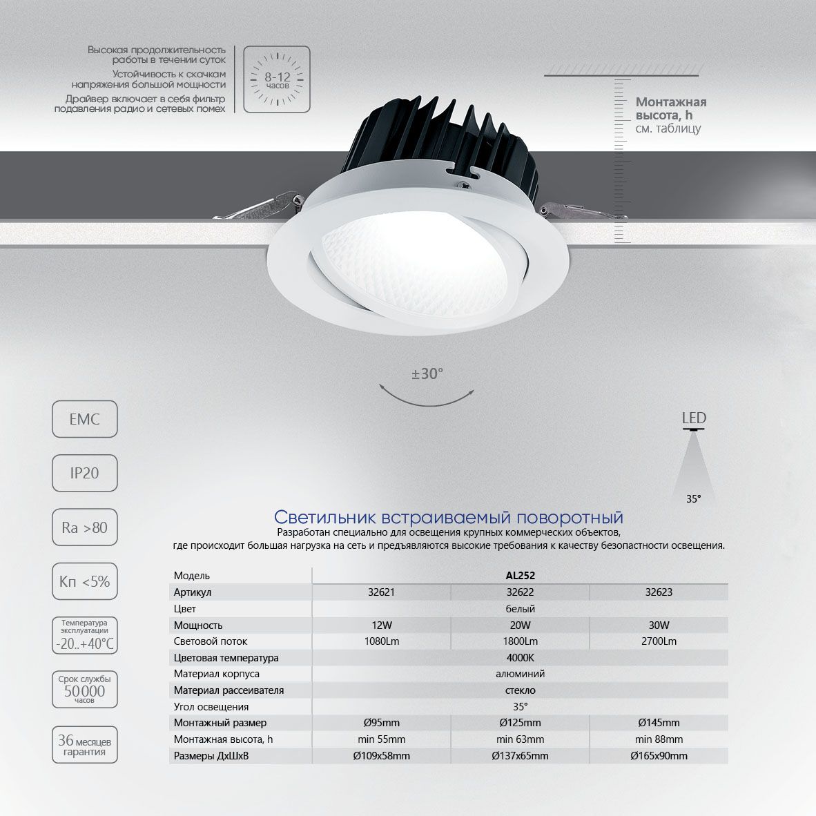 Светильник встраиваемый поворотный AL252, 20W, 1800Lm, 4000K, белый Feron